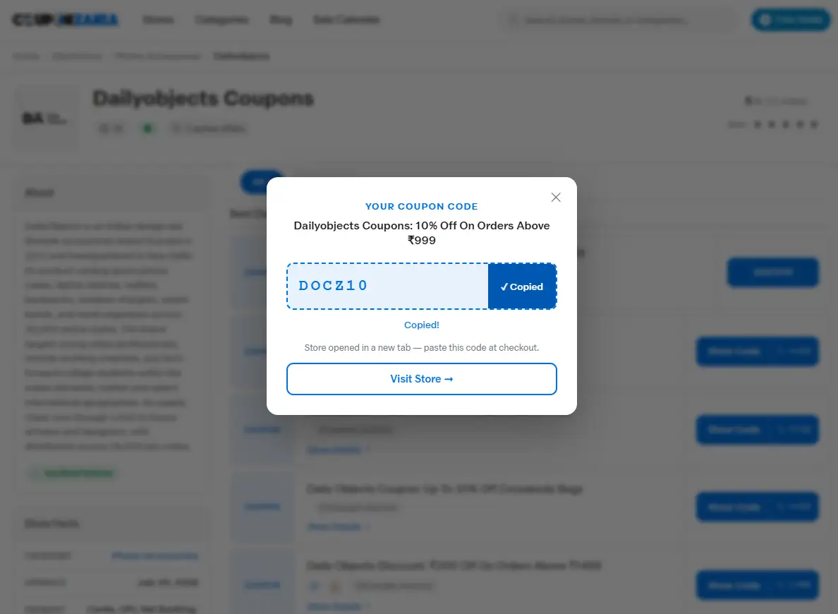 CouponZania coupon code popup showing the code copied and a note that the store opened in a new tab