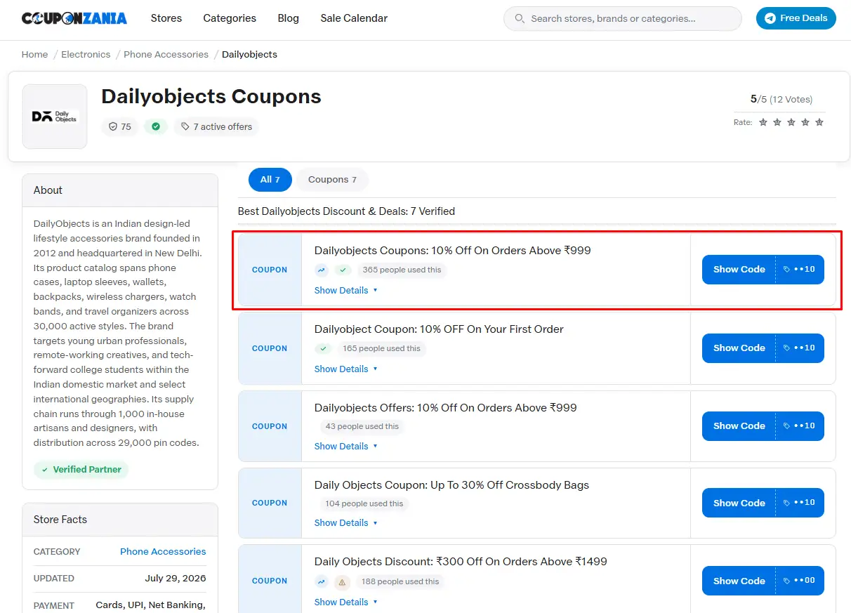 A CouponZania store page with an active coupon offer highlighted, showing the discount, usage count, and Show Code button