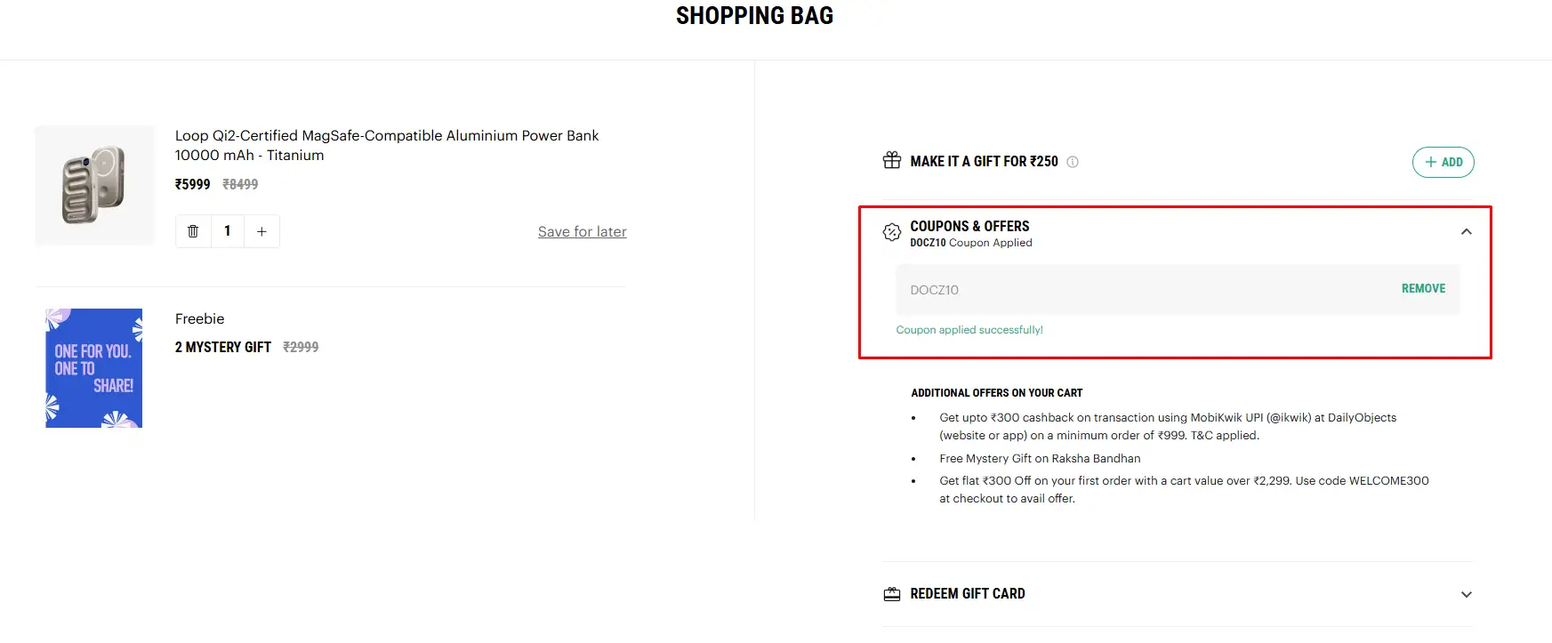 A store's own shopping bag page with a coupon code pasted into the Coupons and Offers field, showing Coupon applied successfully