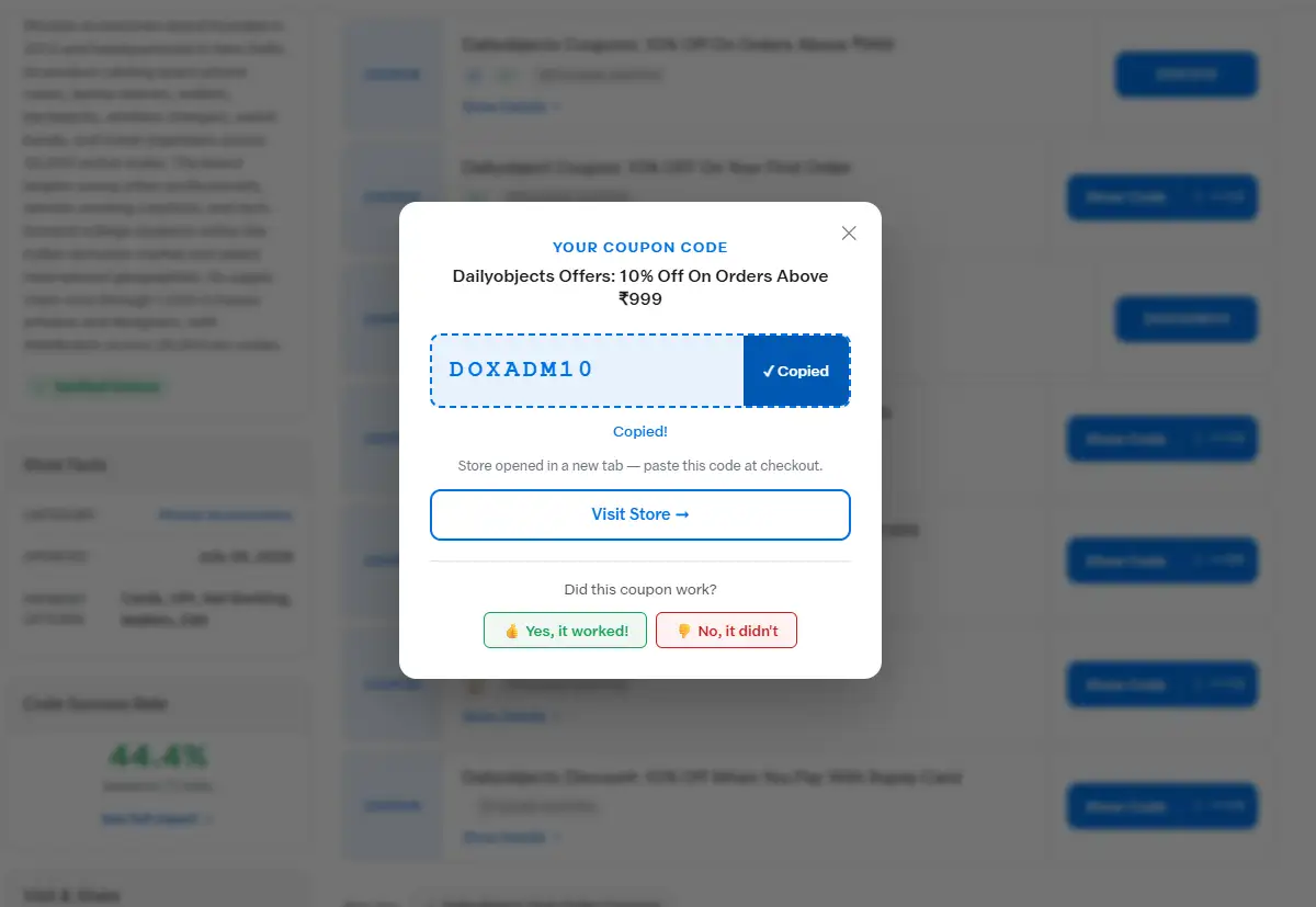 CouponZania coupon code popup with Did this coupon work feedback buttons for Yes it worked or No it did not